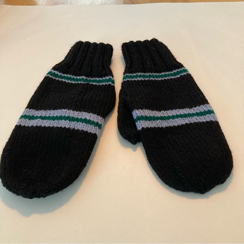 Cozy Handmade Handknit Mittens with Stripes Men Women 10.25 inch Winter Fall